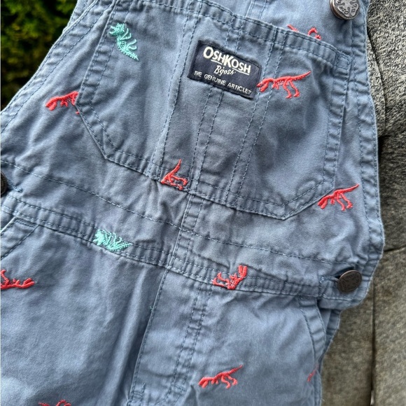 OshKosh B'gosh Blue Overalls with Red and turquoise dinosaurs 2t - Picture 2 of 4